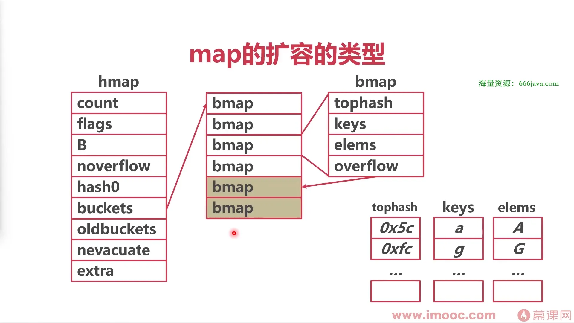 hmap 指向一组 bmap,每个 bmap 含 tophash / keys / elems